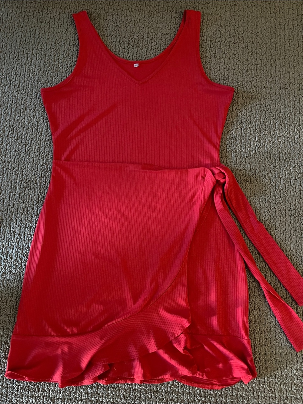 Sleeveless tangerine Wrap Mini Dress with Side Tie & ruffle hem